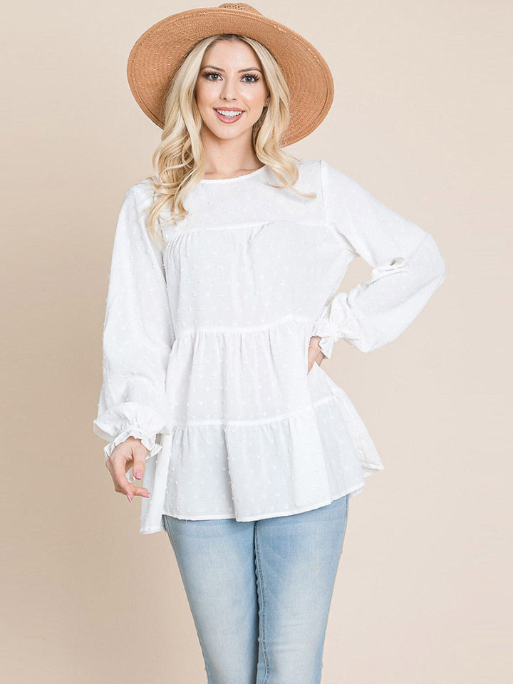 WOMEN'S LONG SLEEVE TIERED TUNIC SWISS DOTS BLOUSE