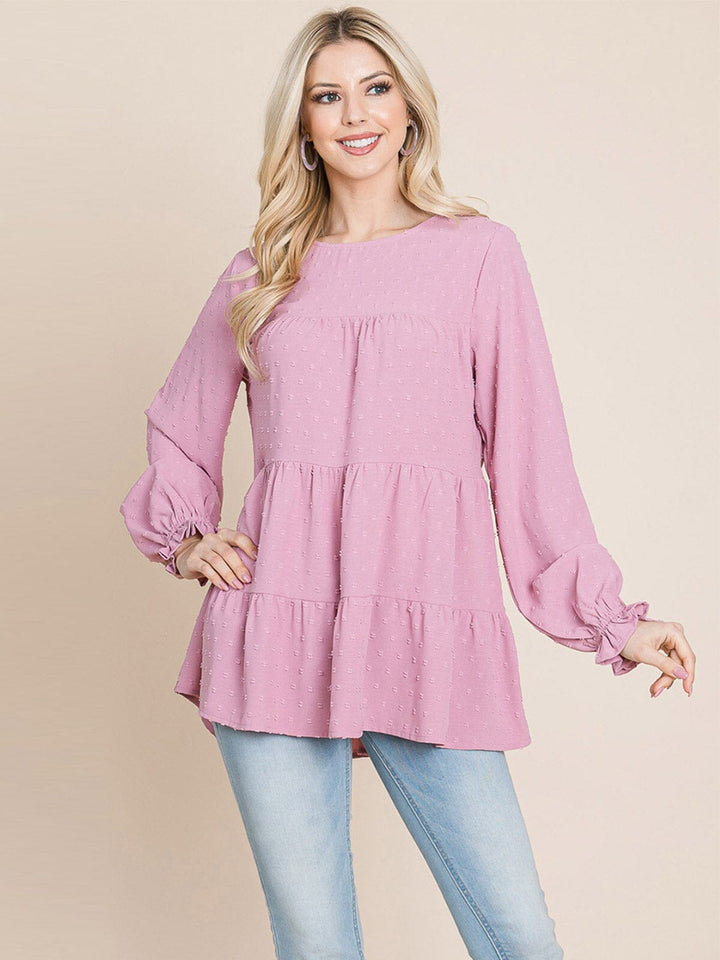WOMEN'S LONG SLEEVE TIERED TUNIC SWISS DOTS BLOUSE