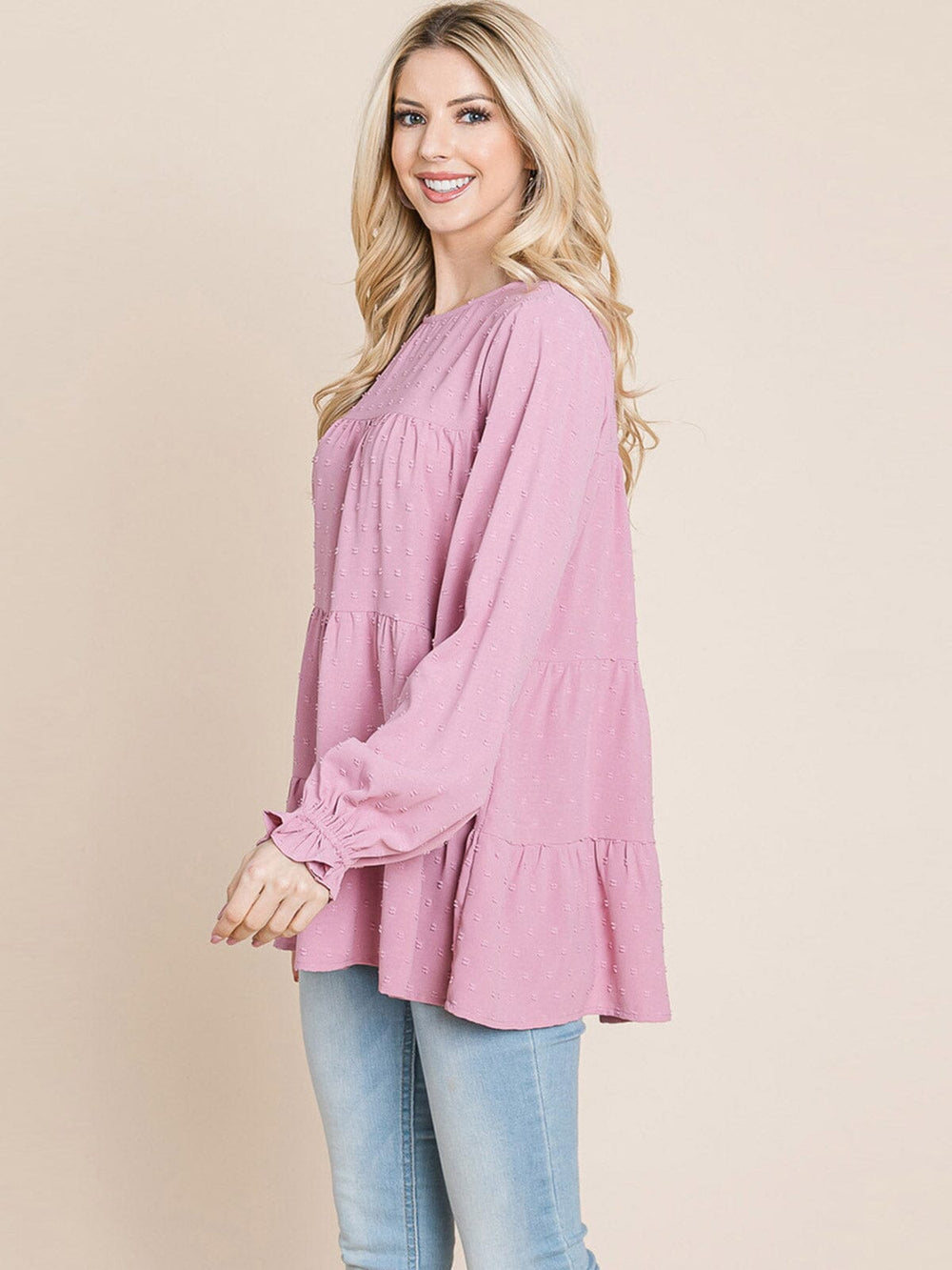 WOMEN'S LONG SLEEVE TIERED TUNIC SWISS DOTS BLOUSE