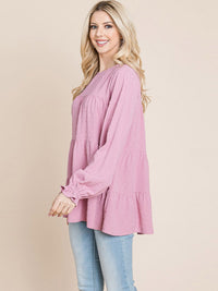WOMEN'S LONG SLEEVE TIERED TUNIC SWISS DOTS BLOUSE