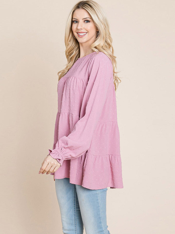 WOMEN'S LONG SLEEVE TIERED TUNIC SWISS DOTS BLOUSE