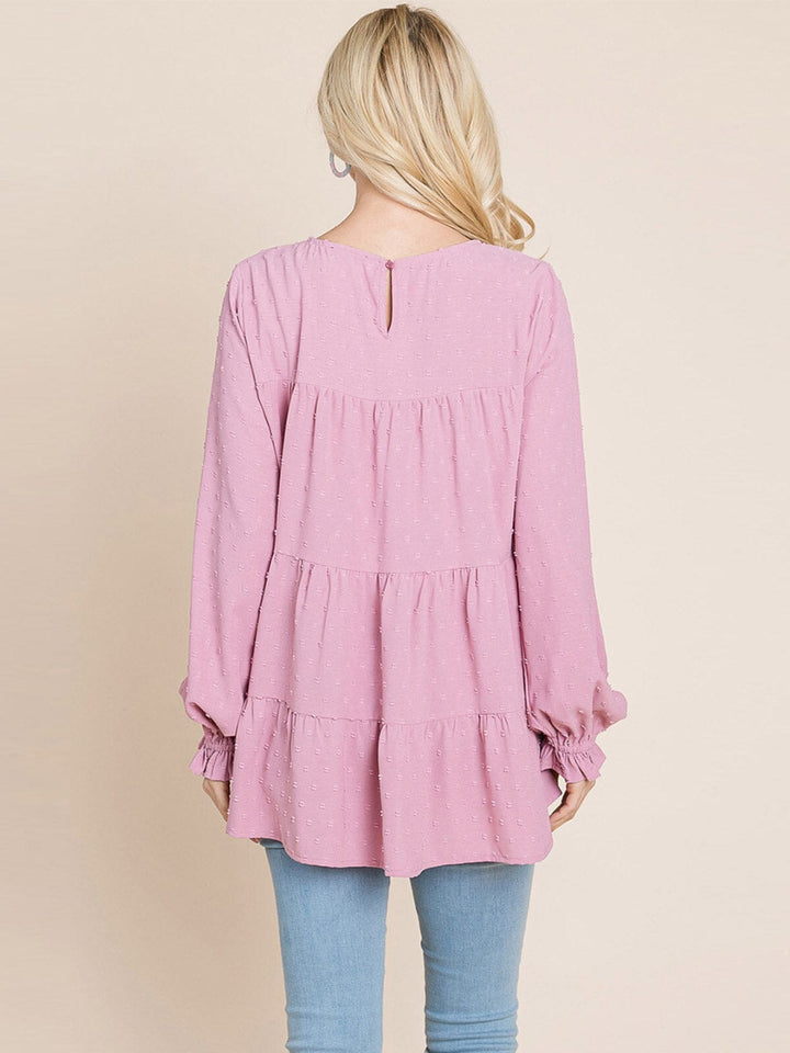 WOMEN'S LONG SLEEVE TIERED TUNIC SWISS DOTS BLOUSE