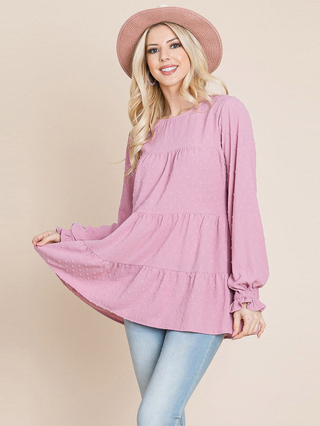 WOMEN'S LONG SLEEVE TIERED TUNIC SWISS DOTS BLOUSE