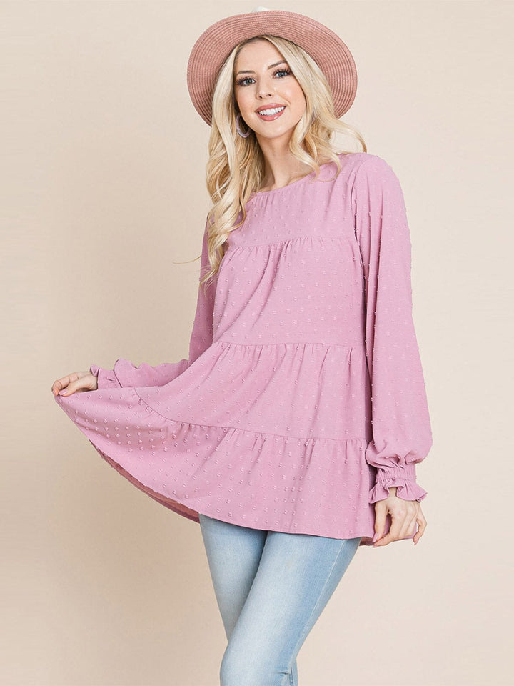 WOMEN'S LONG SLEEVE TIERED TUNIC SWISS DOTS BLOUSE