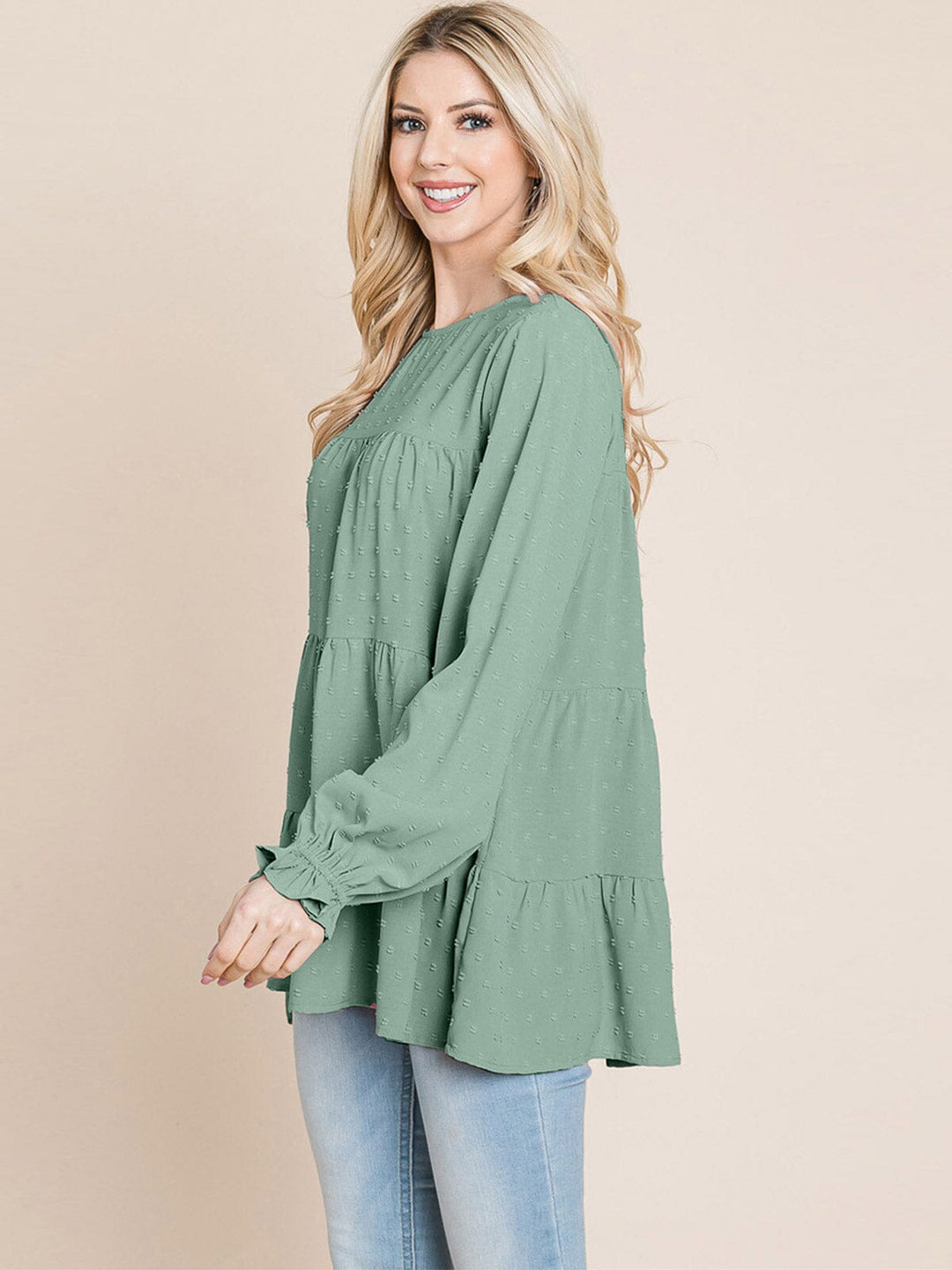 WOMEN'S LONG SLEEVE TIERED TUNIC SWISS DOTS BLOUSE