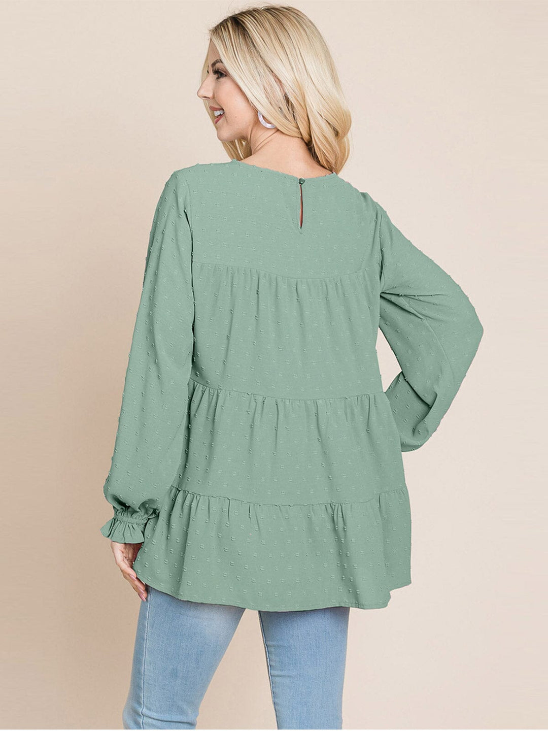 WOMEN'S LONG SLEEVE TIERED TUNIC SWISS DOTS BLOUSE