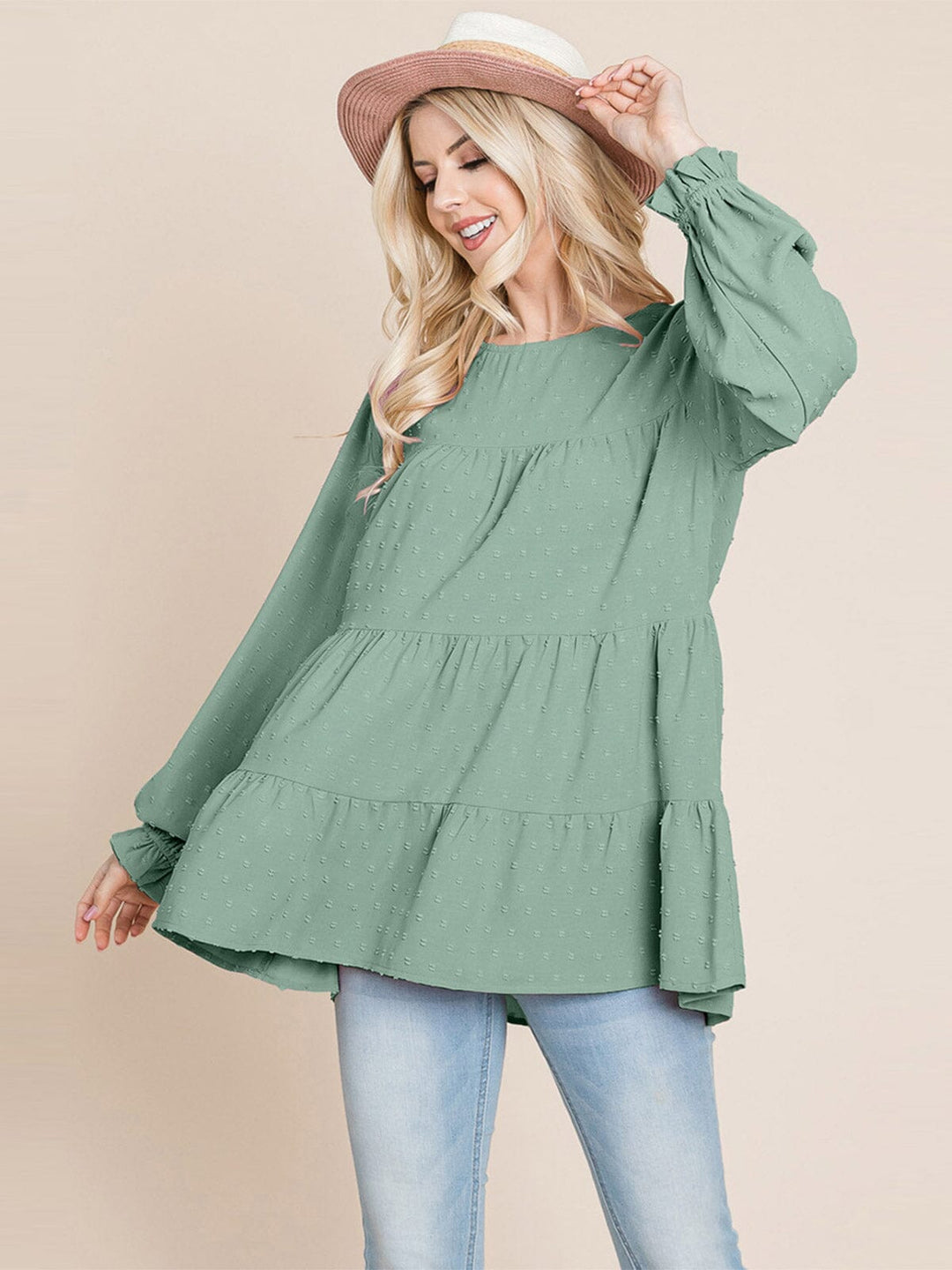 WOMEN'S LONG SLEEVE TIERED TUNIC SWISS DOTS BLOUSE