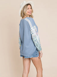 WOMEN'S LONG DETAILED SLEEVE WAFFLE COLORBLOCK TOP