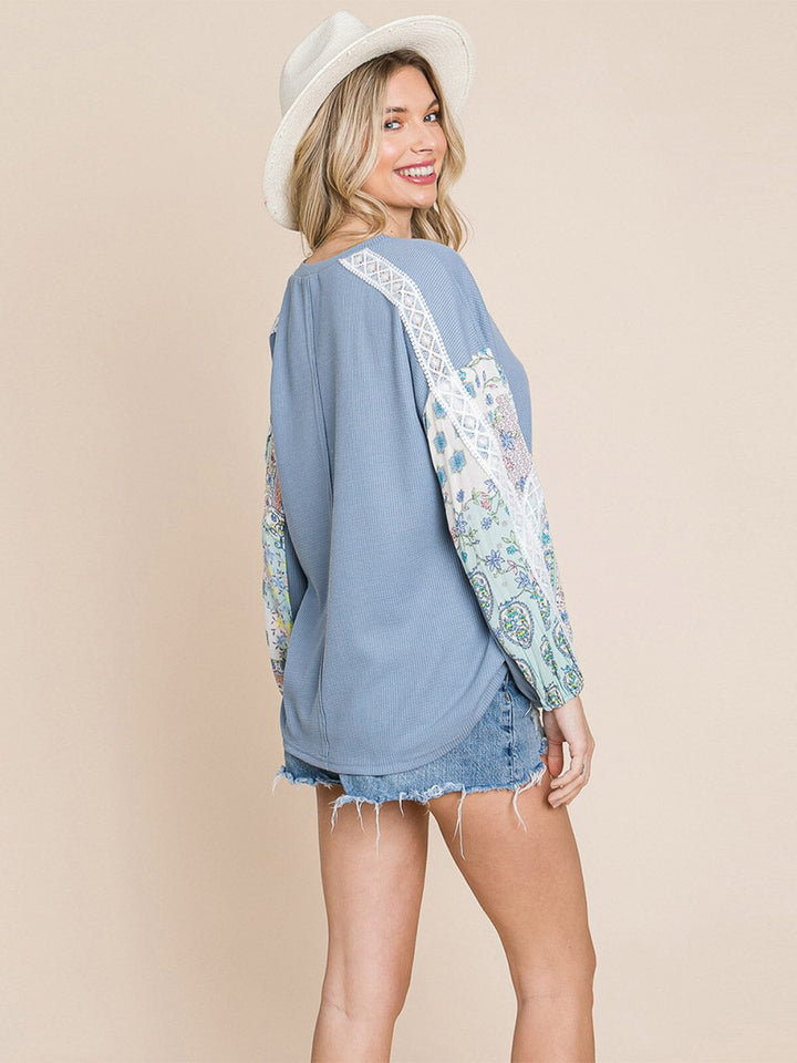 WOMEN'S LONG DETAILED SLEEVE WAFFLE COLORBLOCK TOP