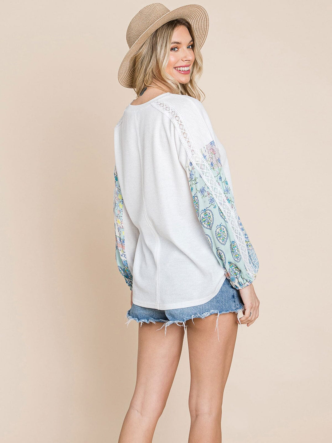 WOMEN'S LONG DETAILED SLEEVE WAFFLE COLORBLOCK TOP