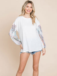 WOMEN'S LONG DETAILED SLEEVE WAFFLE COLORBLOCK TOP