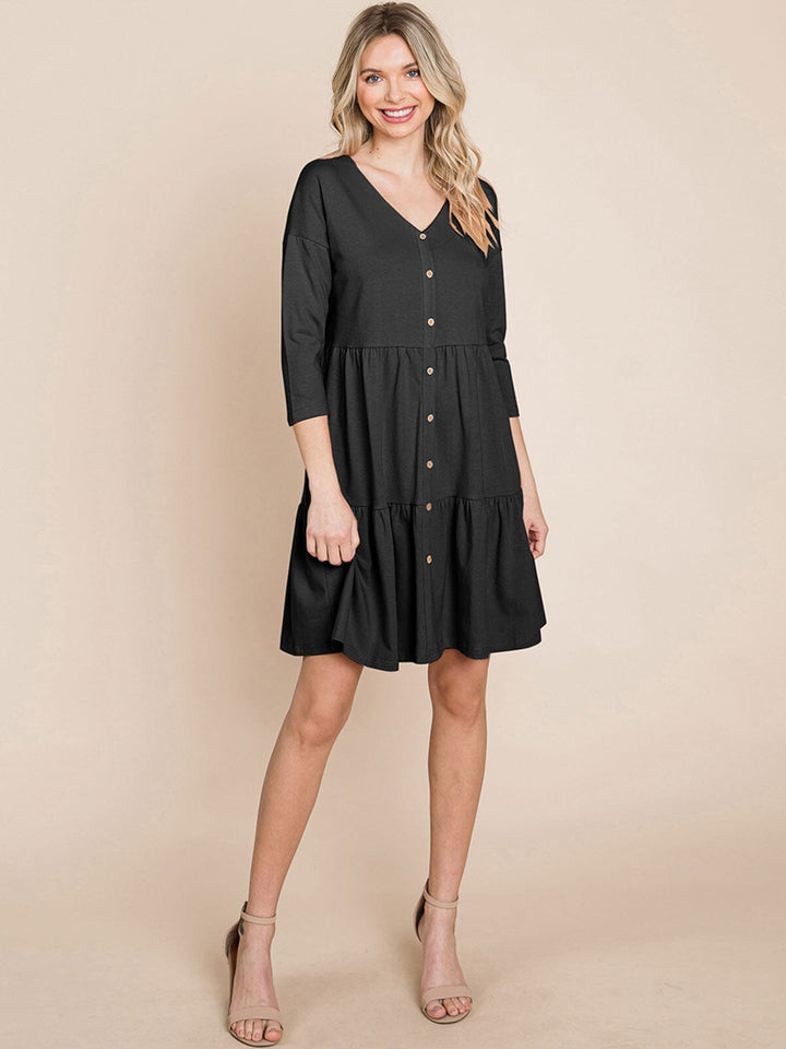 WOMEN'S 3/4 SLEEVE V-NECK BUTTON UP TIERED LOOSE FIT MIDI DRESS