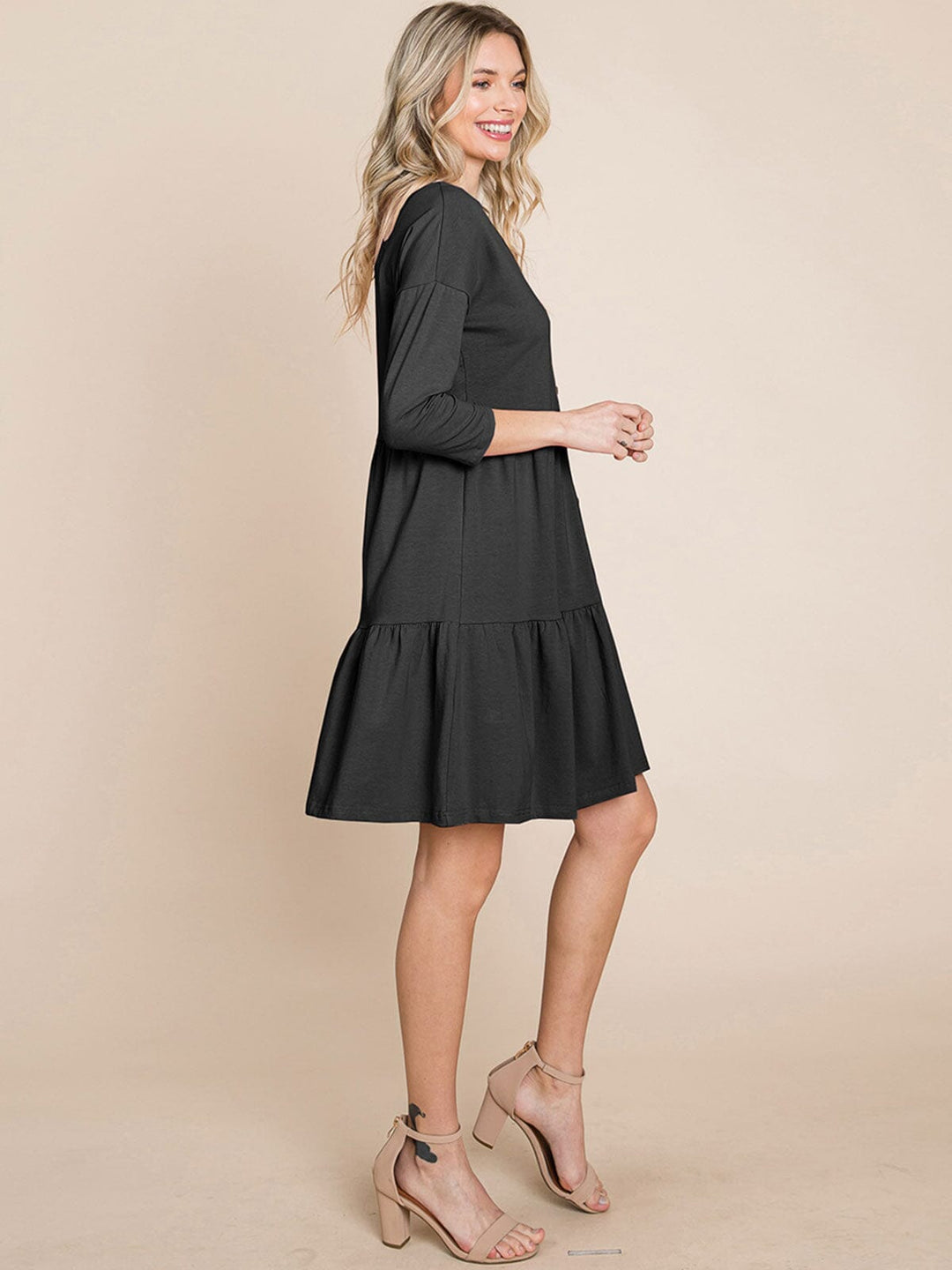WOMEN'S 3/4 SLEEVE V-NECK BUTTON UP TIERED LOOSE FIT MIDI DRESS