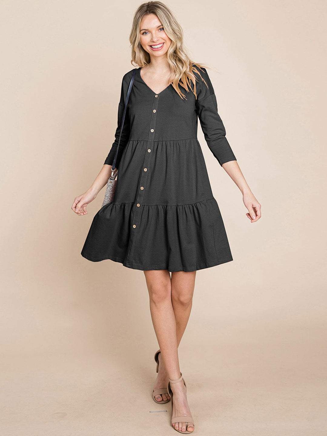 WOMEN'S 3/4 SLEEVE V-NECK BUTTON UP TIERED LOOSE FIT MIDI DRESS