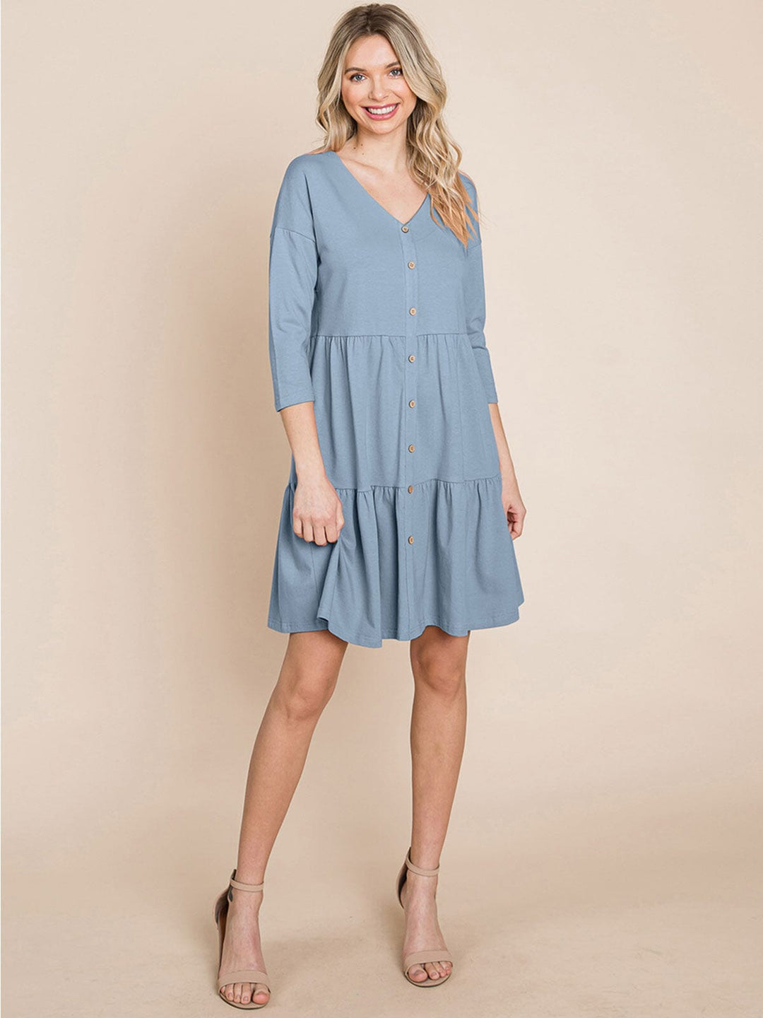 WOMEN'S 3/4 SLEEVE V-NECK BUTTON UP TIERED LOOSE FIT MIDI DRESS