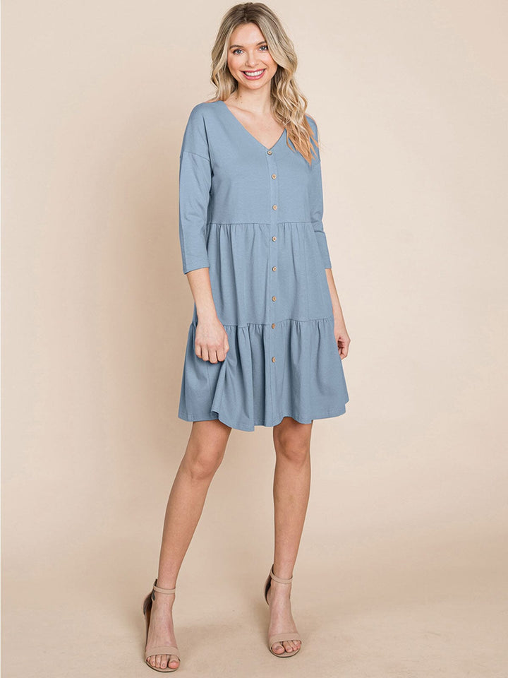 WOMEN'S 3/4 SLEEVE V-NECK BUTTON UP TIERED LOOSE FIT MIDI DRESS