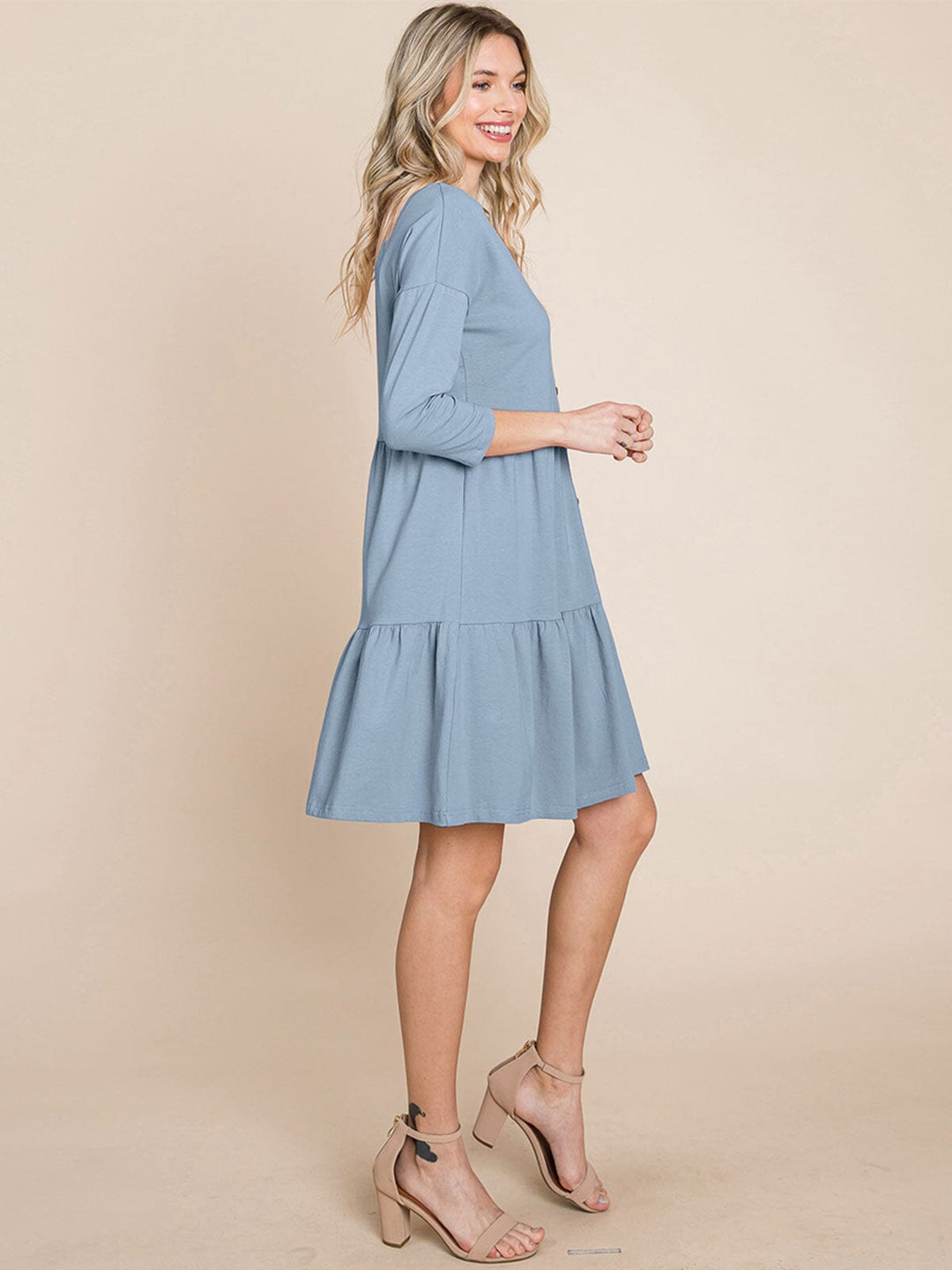 WOMEN'S 3/4 SLEEVE V-NECK BUTTON UP TIERED LOOSE FIT MIDI DRESS