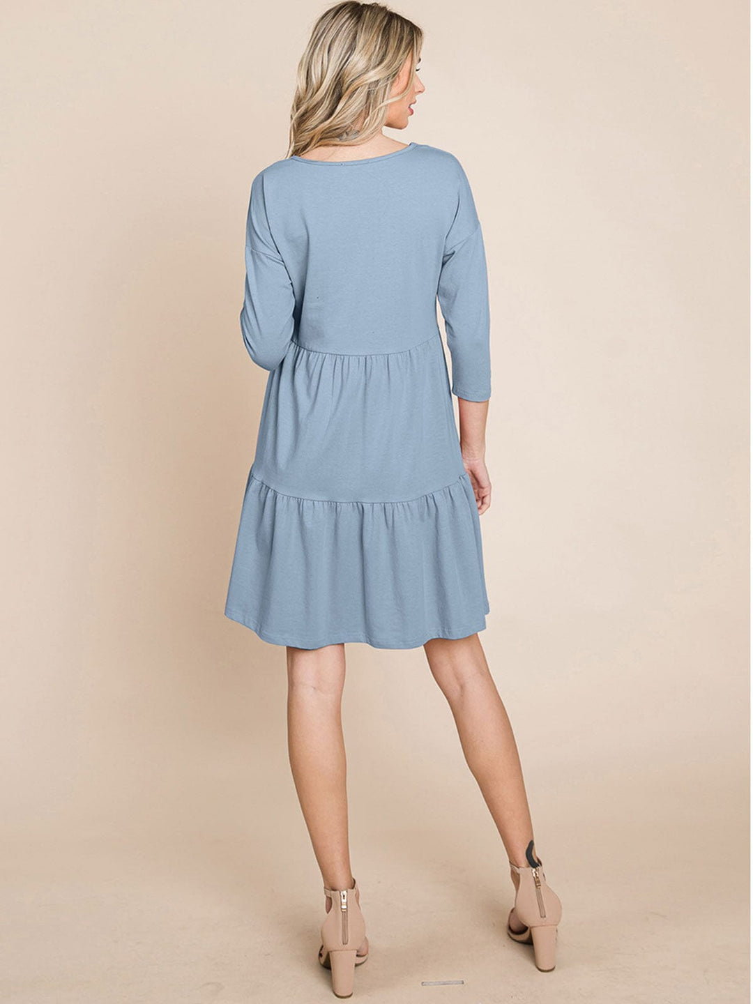 WOMEN'S 3/4 SLEEVE V-NECK BUTTON UP TIERED LOOSE FIT MIDI DRESS