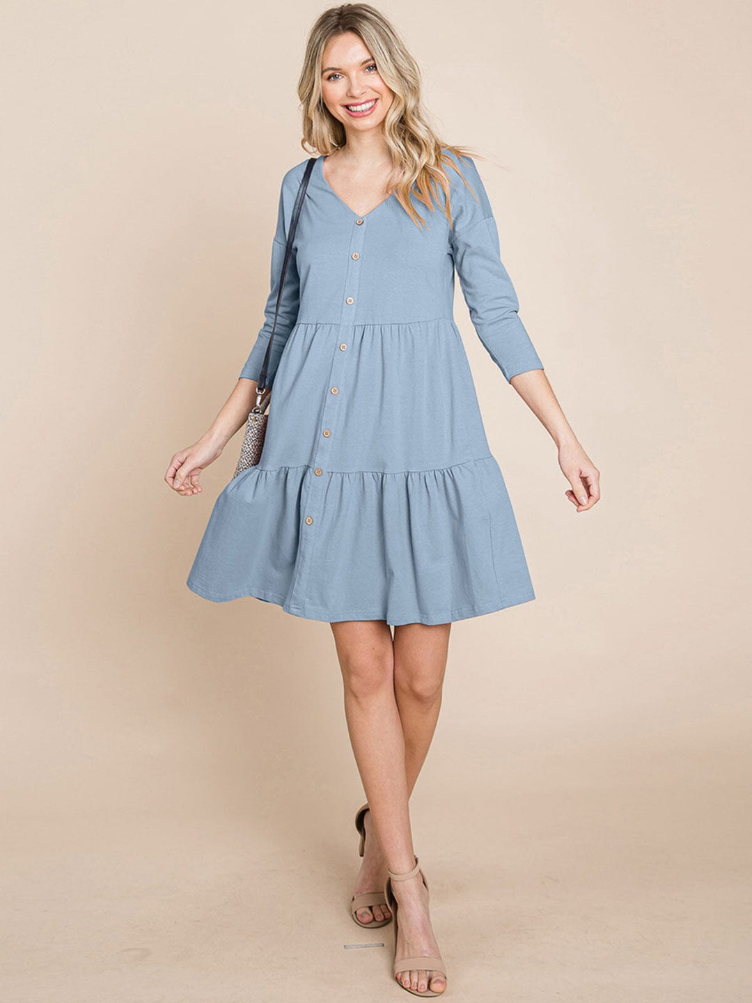 WOMEN'S 3/4 SLEEVE V-NECK BUTTON UP TIERED LOOSE FIT MIDI DRESS