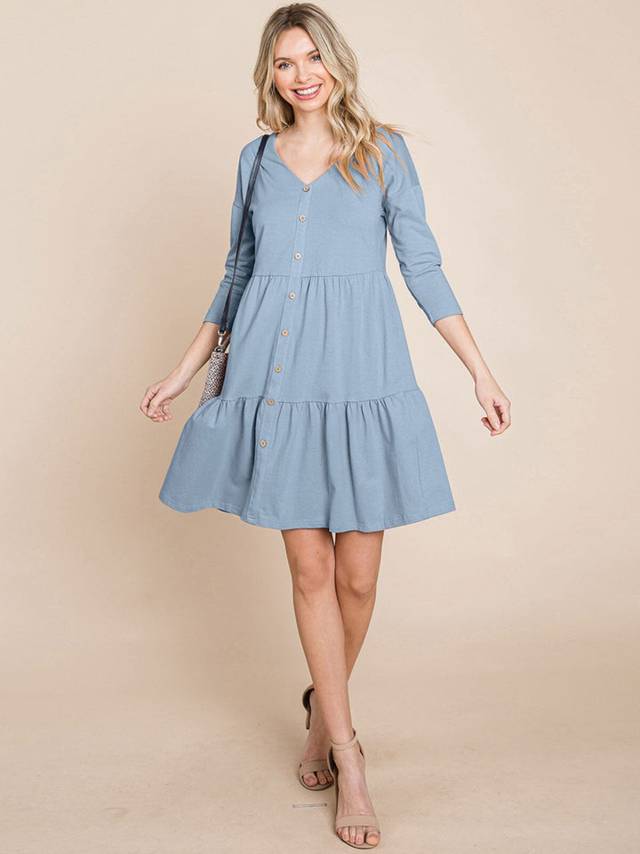 WOMEN'S 3/4 SLEEVE V-NECK BUTTON UP TIERED LOOSE FIT MIDI DRESS