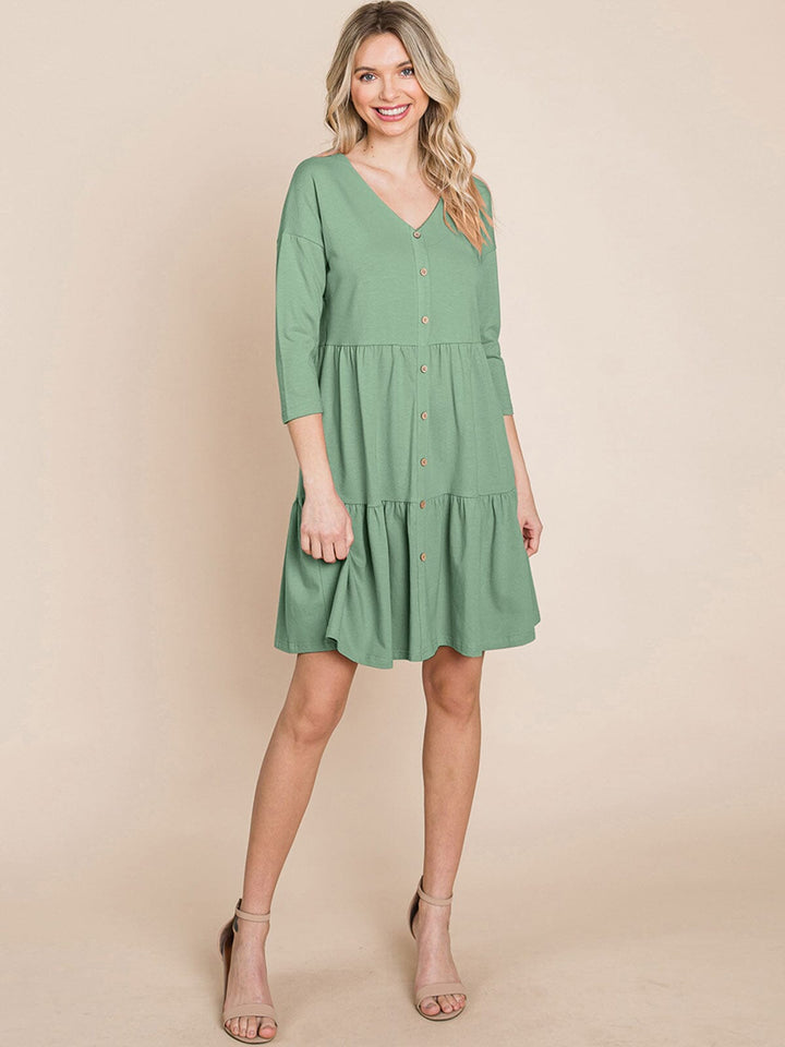 WOMEN'S 3/4 SLEEVE V-NECK BUTTON UP TIERED LOOSE FIT MIDI DRESS