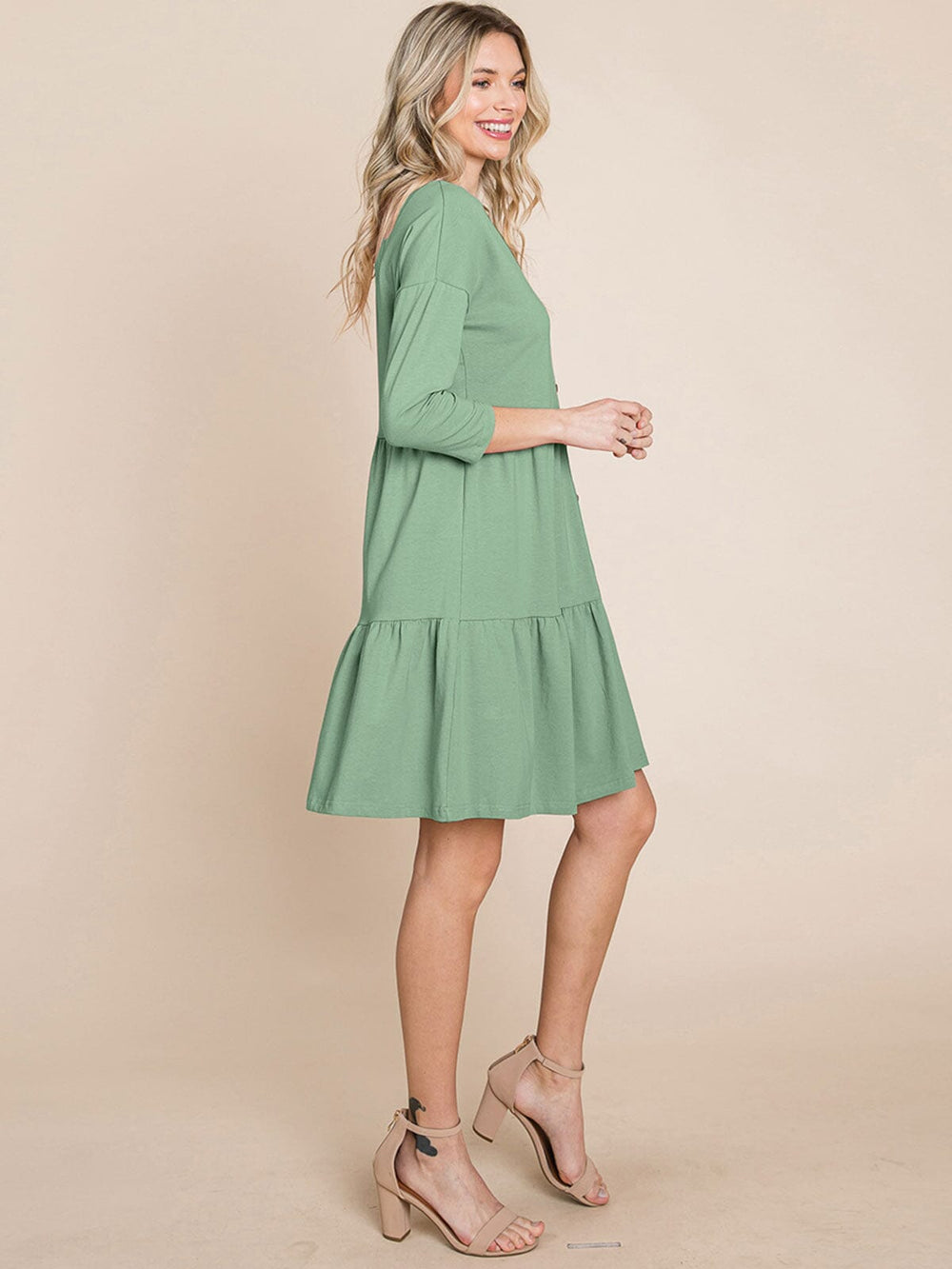 WOMEN'S 3/4 SLEEVE V-NECK BUTTON UP TIERED LOOSE FIT MIDI DRESS