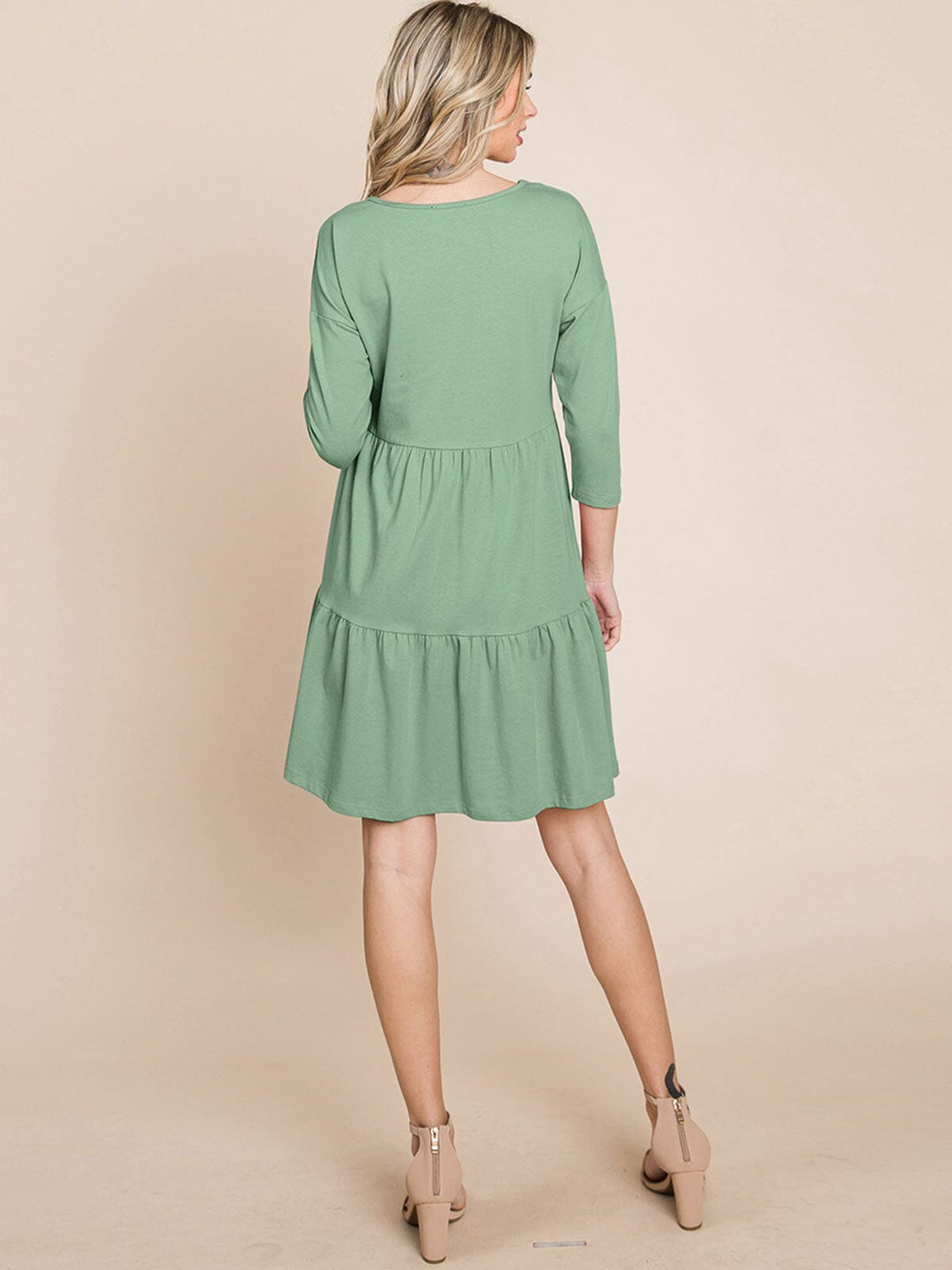 WOMEN'S 3/4 SLEEVE V-NECK BUTTON UP TIERED LOOSE FIT MIDI DRESS