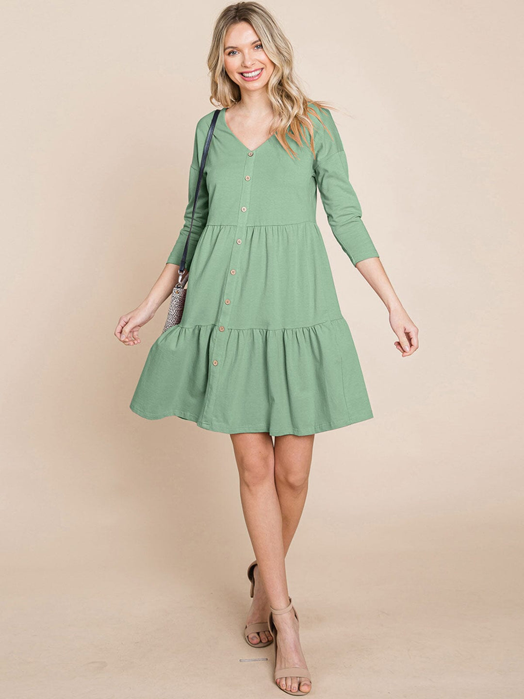 WOMEN'S 3/4 SLEEVE V-NECK BUTTON UP TIERED LOOSE FIT MIDI DRESS