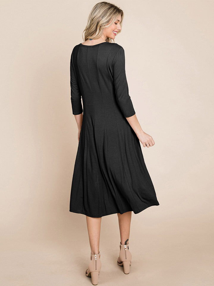 WOMEN'S 3/4 SLEEVE FIT & FLARE SOLID MIDI DRESS