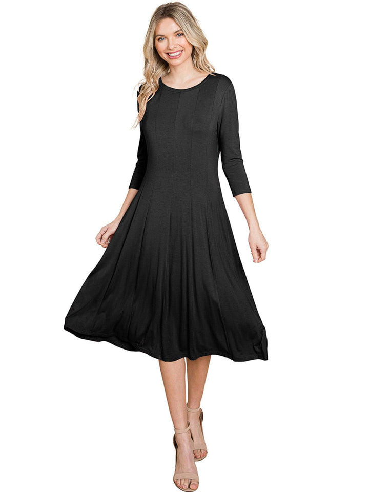 WOMEN'S 3/4 SLEEVE FIT & FLARE SOLID MIDI DRESS