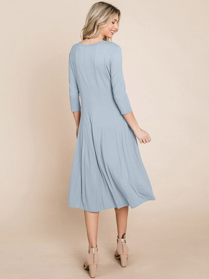 WOMEN'S 3/4 SLEEVE FIT & FLARE SOLID MIDI DRESS