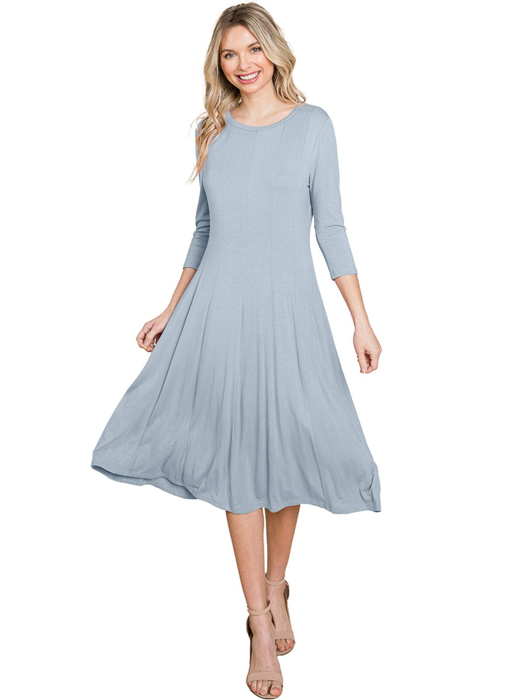 WOMEN'S 3/4 SLEEVE FIT & FLARE SOLID MIDI DRESS