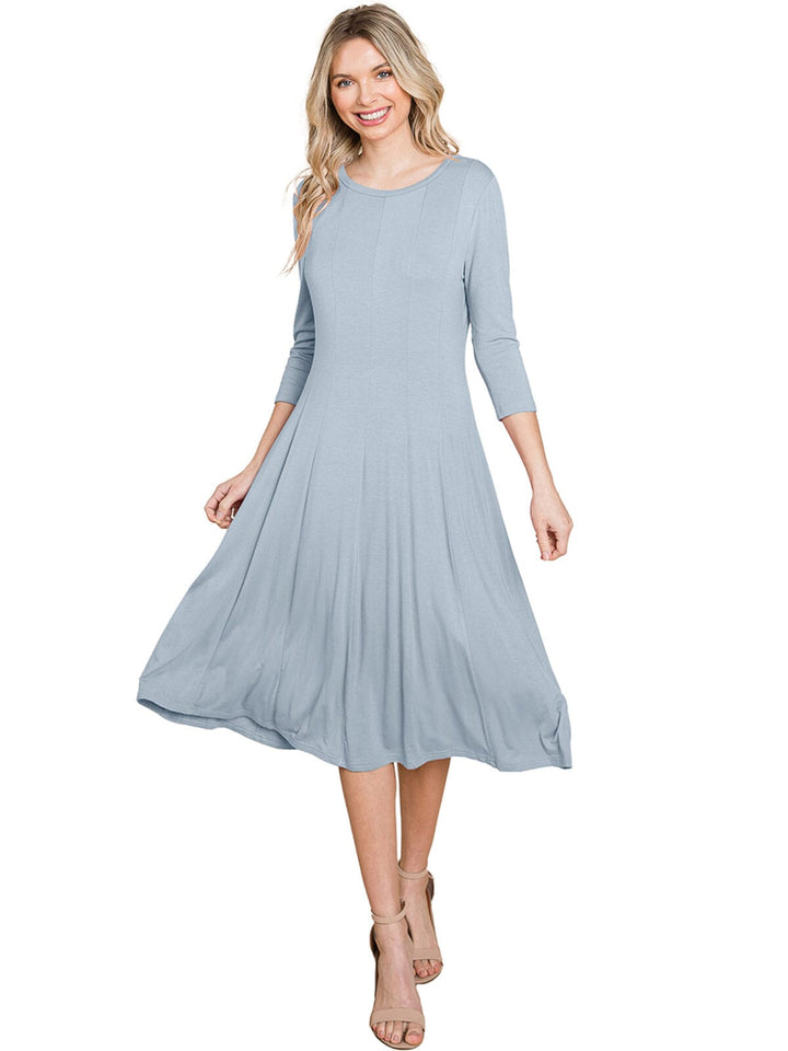 WOMEN'S 3/4 SLEEVE FIT & FLARE SOLID MIDI DRESS