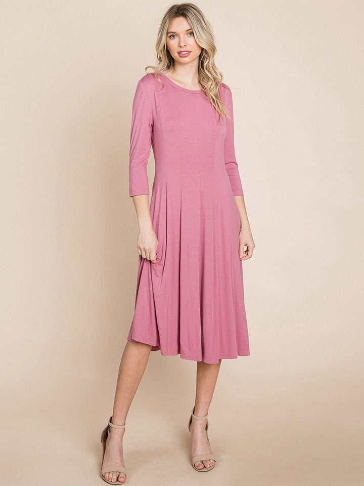WOMEN'S 3/4 SLEEVE FIT & FLARE SOLID MIDI DRESS