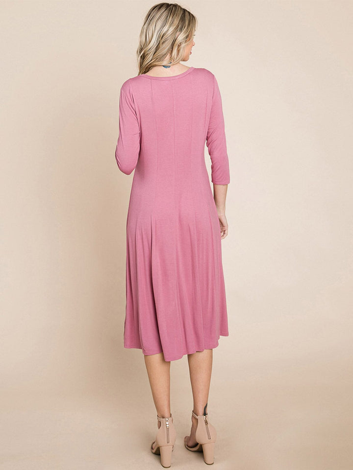 WOMEN'S 3/4 SLEEVE FIT & FLARE SOLID MIDI DRESS