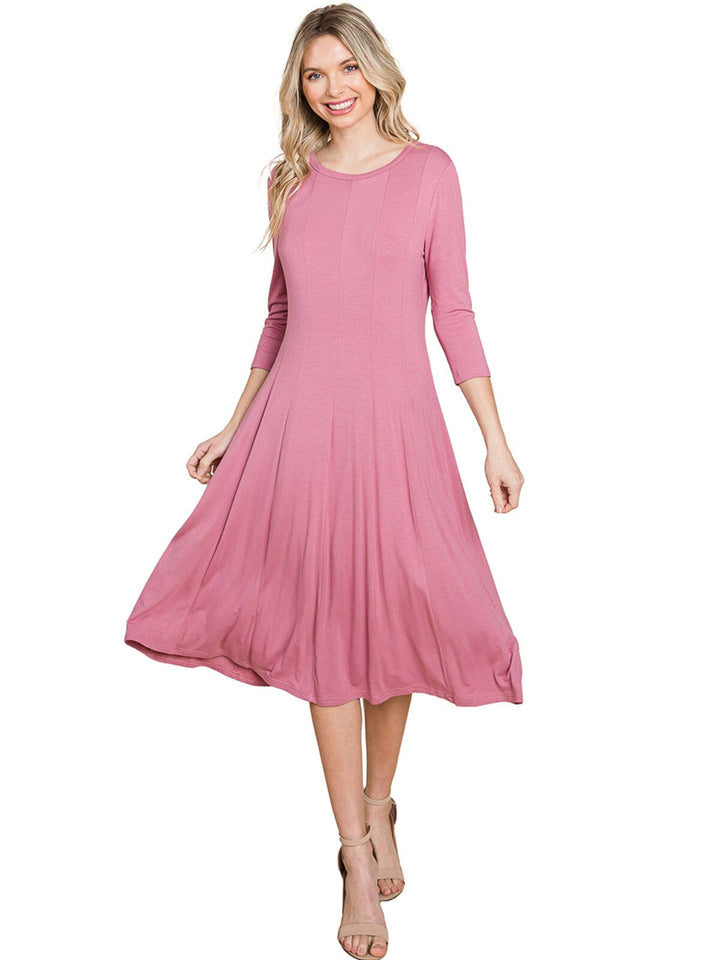 WOMEN'S 3/4 SLEEVE FIT & FLARE SOLID MIDI DRESS