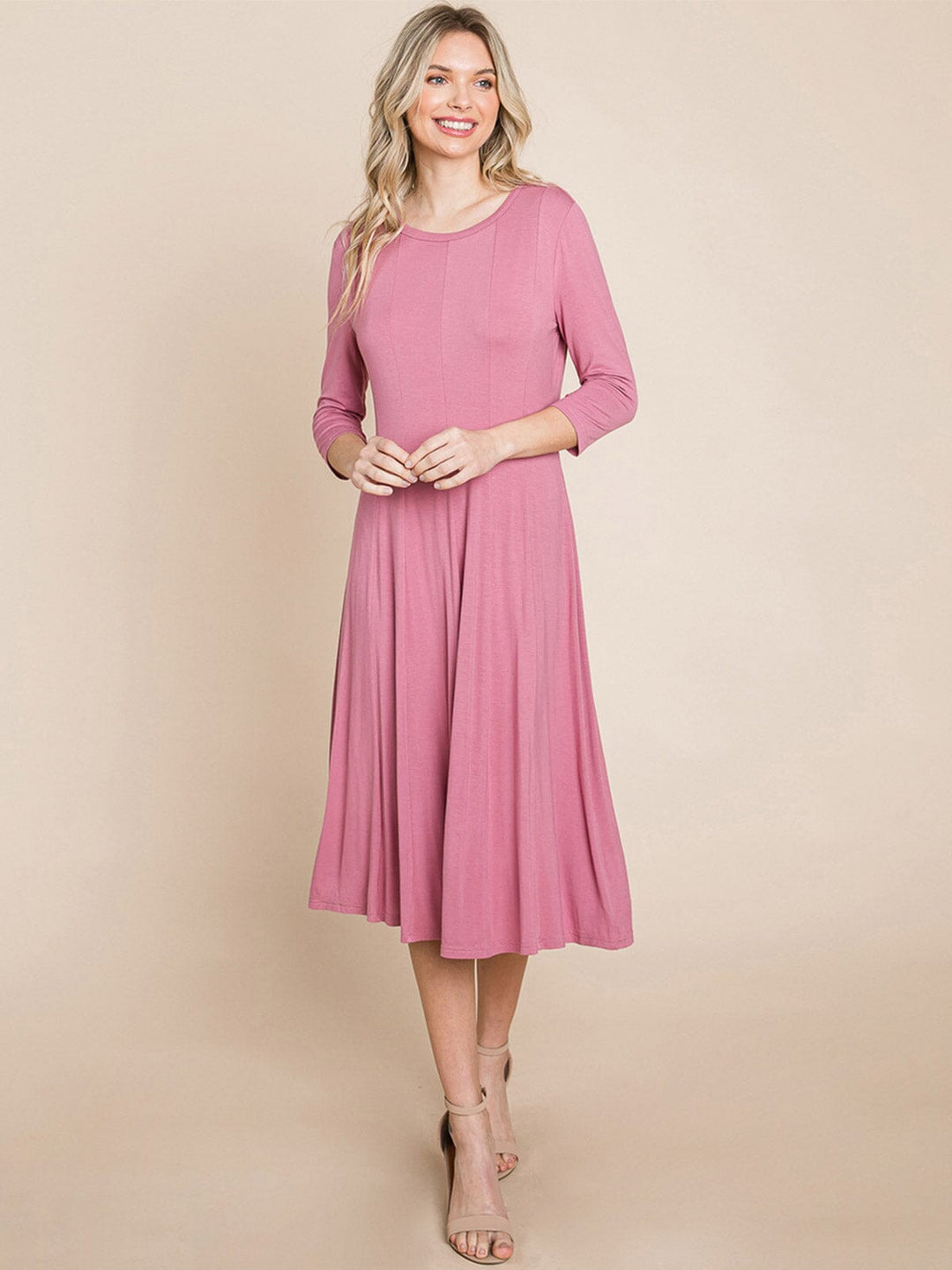 WOMEN'S 3/4 SLEEVE FIT & FLARE SOLID MIDI DRESS
