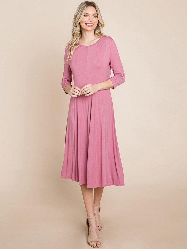 WOMEN'S 3/4 SLEEVE FIT & FLARE SOLID MIDI DRESS