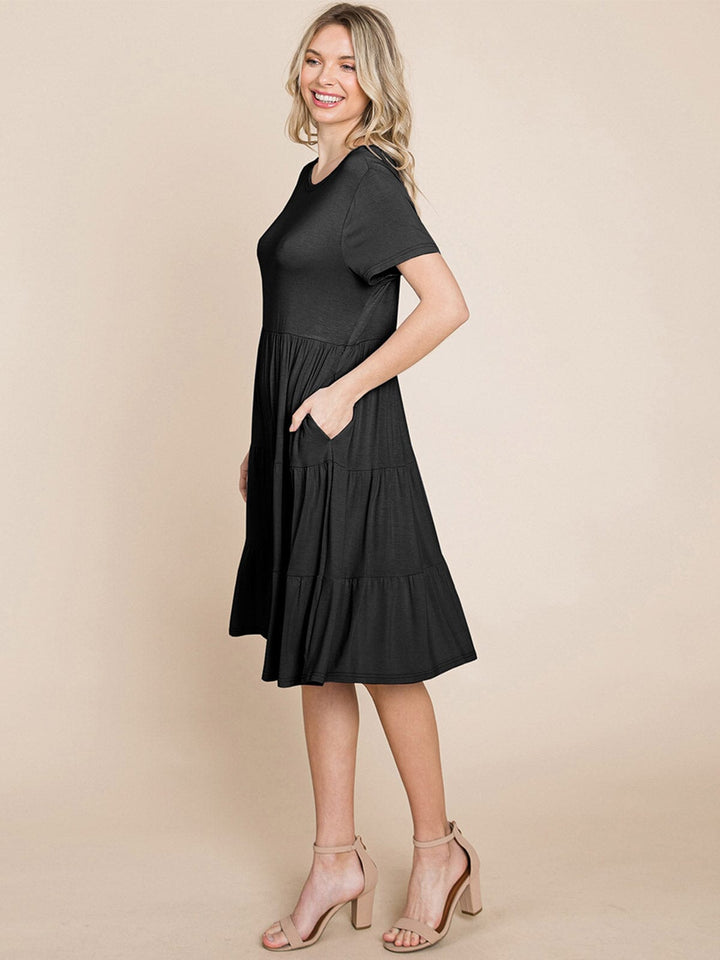 WOMEN'S SHORT SLEEVE FRONT POCKETS LOOSE FIT TIERED TUNIC MINI DRESS