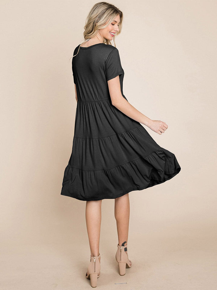 WOMEN'S SHORT SLEEVE FRONT POCKETS LOOSE FIT TIERED TUNIC MINI DRESS