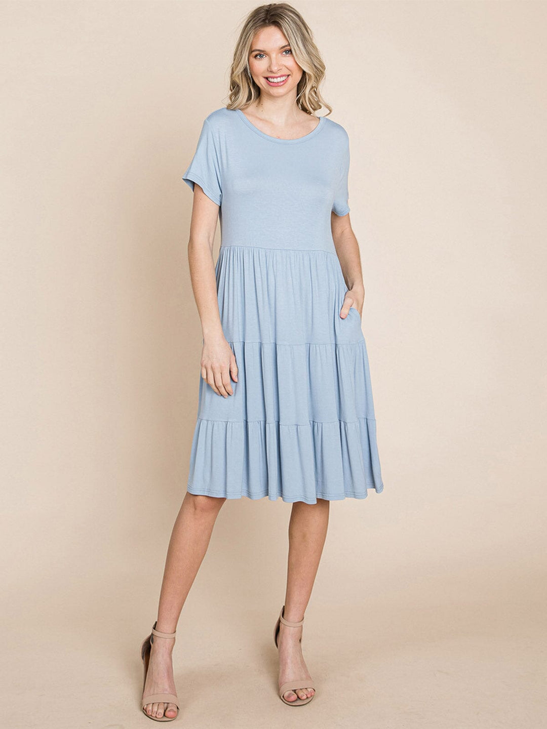 WOMEN'S SHORT SLEEVE FRONT POCKETS LOOSE FIT TIERED TUNIC MINI DRESS