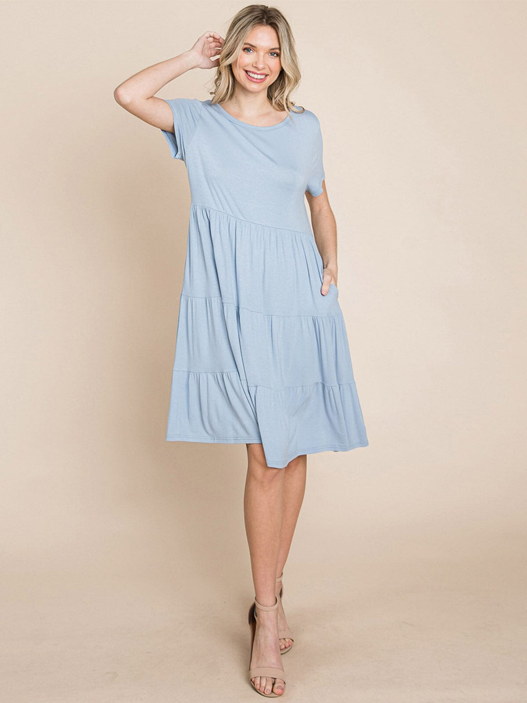 WOMEN'S SHORT SLEEVE FRONT POCKETS LOOSE FIT TIERED TUNIC MINI DRESS