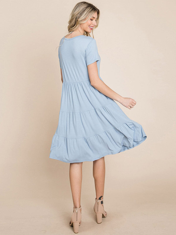 WOMEN'S SHORT SLEEVE FRONT POCKETS LOOSE FIT TIERED TUNIC MINI DRESS