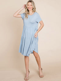 WOMEN'S SHORT SLEEVE FRONT POCKETS LOOSE FIT TIERED TUNIC MINI DRESS