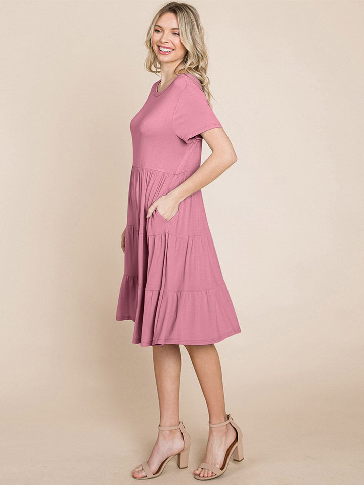 WOMEN'S SHORT SLEEVE FRONT POCKETS LOOSE FIT TIERED TUNIC MINI DRESS