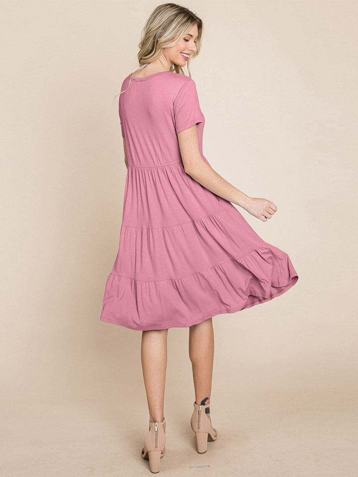 WOMEN'S SHORT SLEEVE FRONT POCKETS LOOSE FIT TIERED TUNIC MINI DRESS