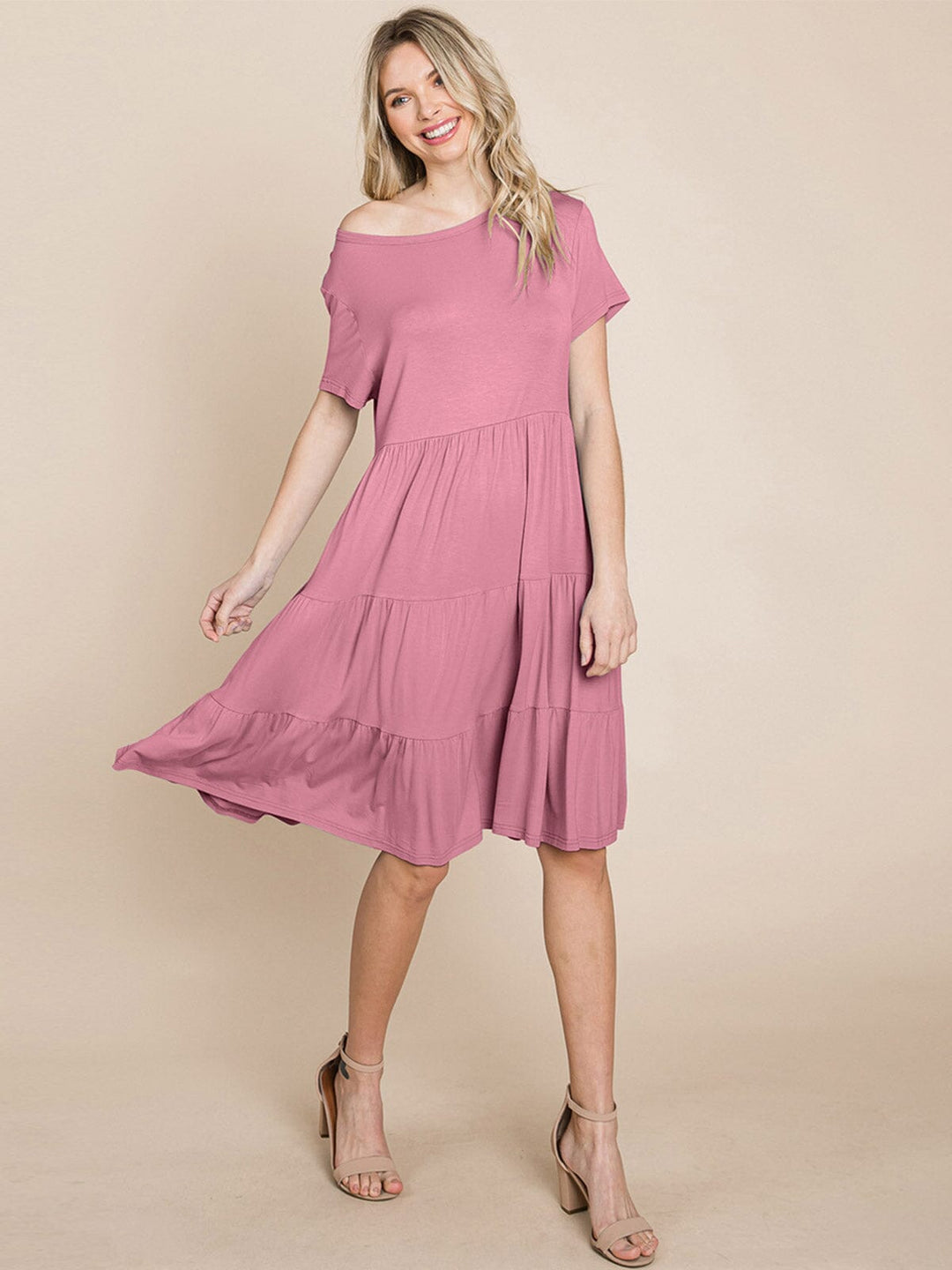 WOMEN'S SHORT SLEEVE FRONT POCKETS LOOSE FIT TIERED TUNIC MINI DRESS