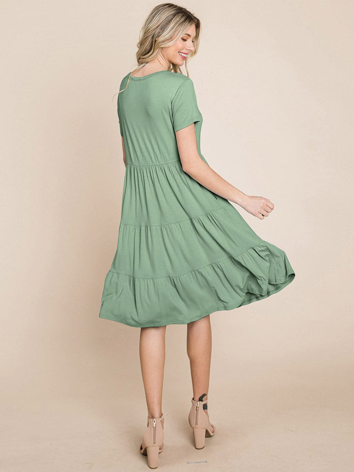 WOMEN'S SHORT SLEEVE FRONT POCKETS LOOSE FIT TIERED TUNIC MINI DRESS
