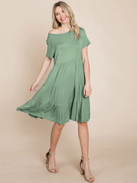 WOMEN'S SHORT SLEEVE FRONT POCKETS LOOSE FIT TIERED TUNIC MINI DRESS