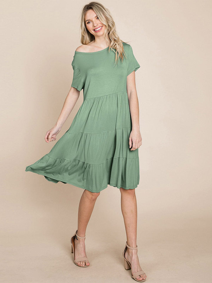 WOMEN'S SHORT SLEEVE FRONT POCKETS LOOSE FIT TIERED TUNIC MINI DRESS